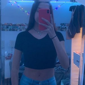 Cropped Black V-Neck Top